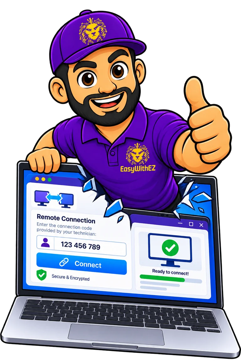 דמות EasyWithEZ יוצאת מתוך מחשב נייד ומסמנת שהכול מוכן להתחברות