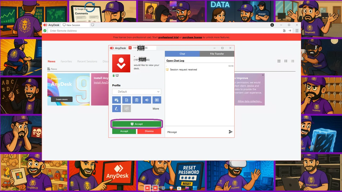 כפתור Accept לאישור בקשת התחברות בחלון AnyDesk